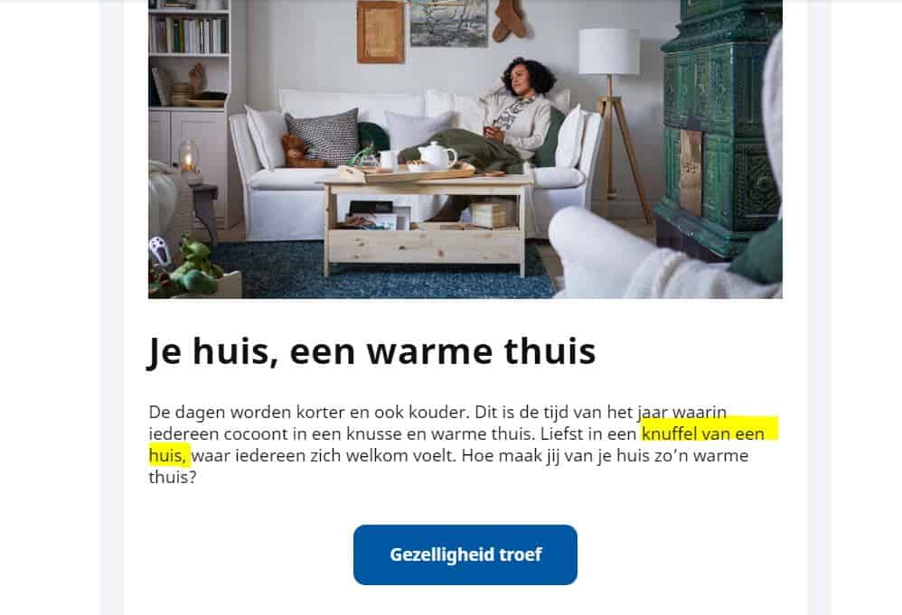 knipsel van IKEA-mailing met de woorden 'Een knuffel van een huis'